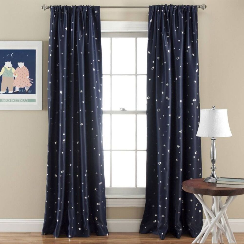 2pk 52"x84" Room Darkening Star Curtain Panels Navy - Lush Décor